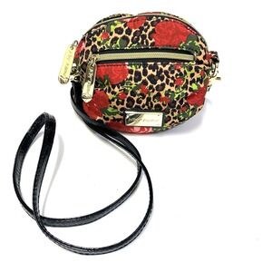 Betsey Johnson Leopard with Roses Round Crossbody Zip Close Black Patent Strap